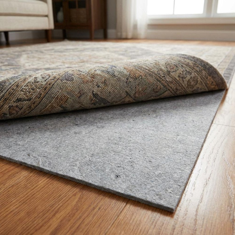 8' x 10' Gray And Black Non Slip Rug Pad in a home interior