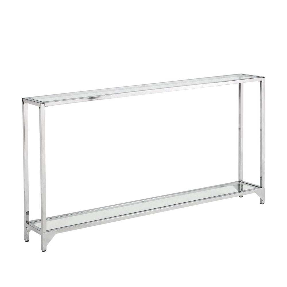 56" Clear and Silver Glass and Iron Frame Console Table With Shelf. Console table isolated on a plain white background, finished in silver glass.