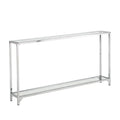 56" Clear and Silver Glass and Iron Frame Console Table With Shelf. Console table isolated on a plain white background, finished in silver glass.