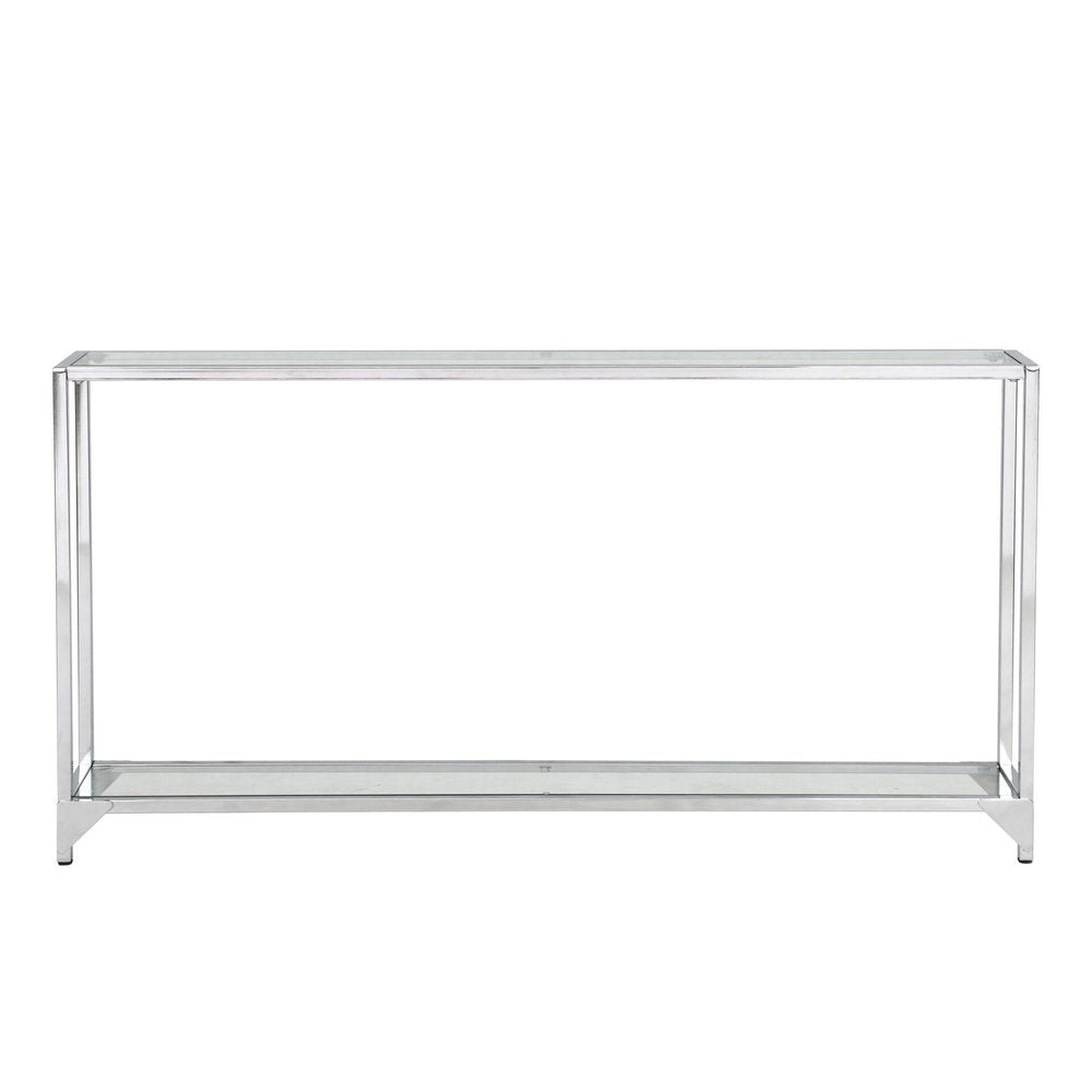 56" Clear and Silver Glass and Iron Frame Console Table With Shelf. Console table isolated on a plain white background, showing a silver glass surface.