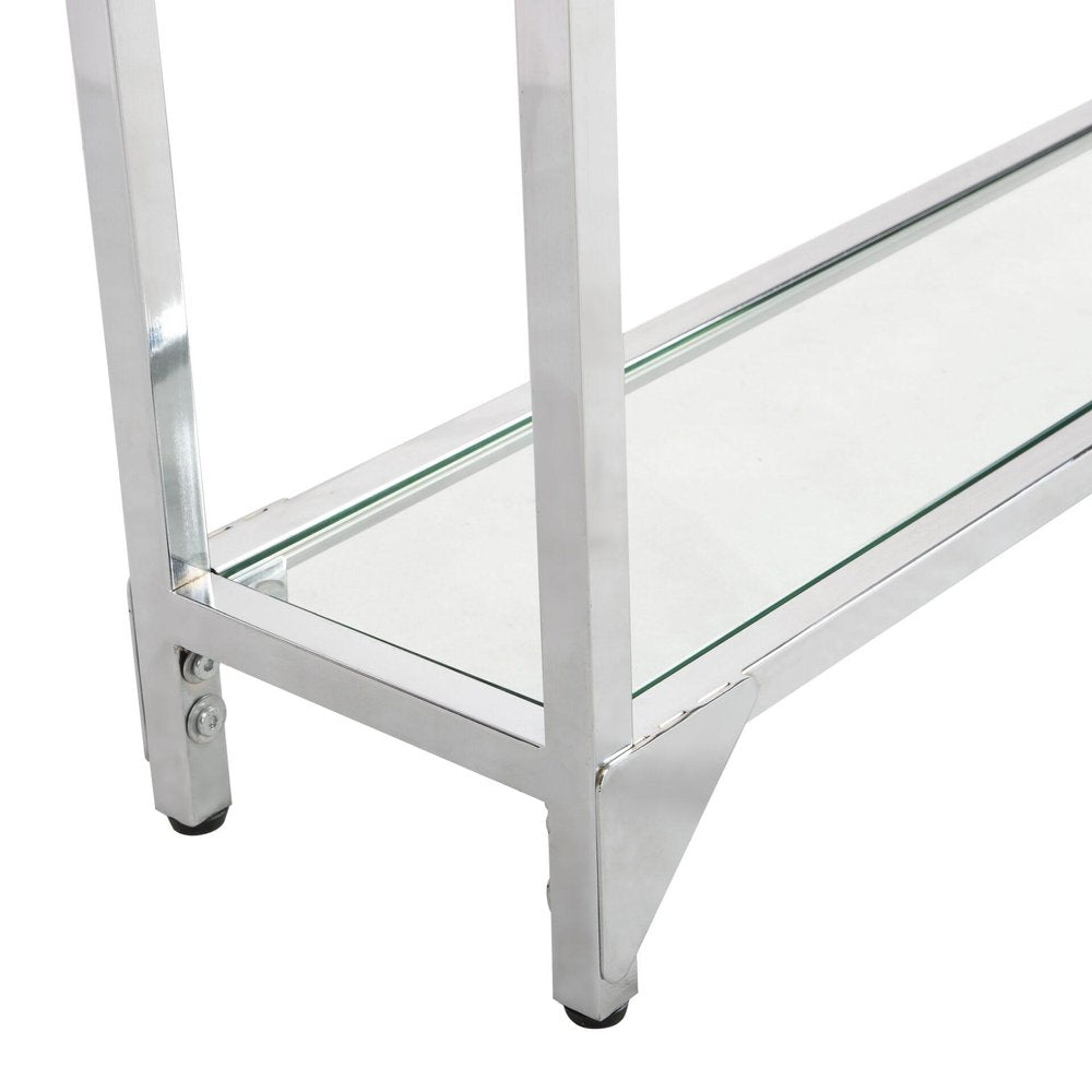 56" Clear and Silver Glass and Iron Frame Console Table With Shelf. Console table isolated on a plain white background, in a silver glass finish.