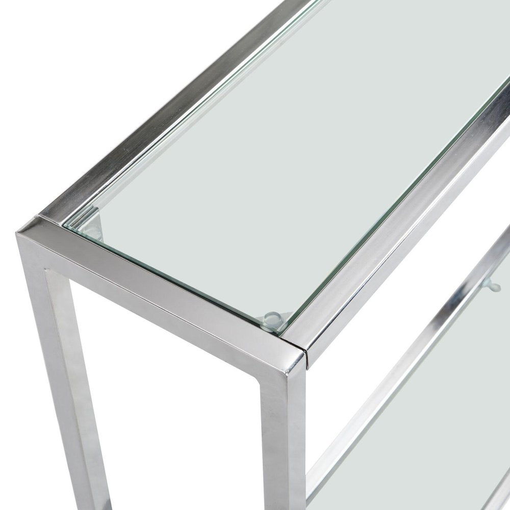 56" Clear and Silver Glass and Iron Frame Console Table With Shelf. Console table isolated on a plain white background, finished in silver glass.