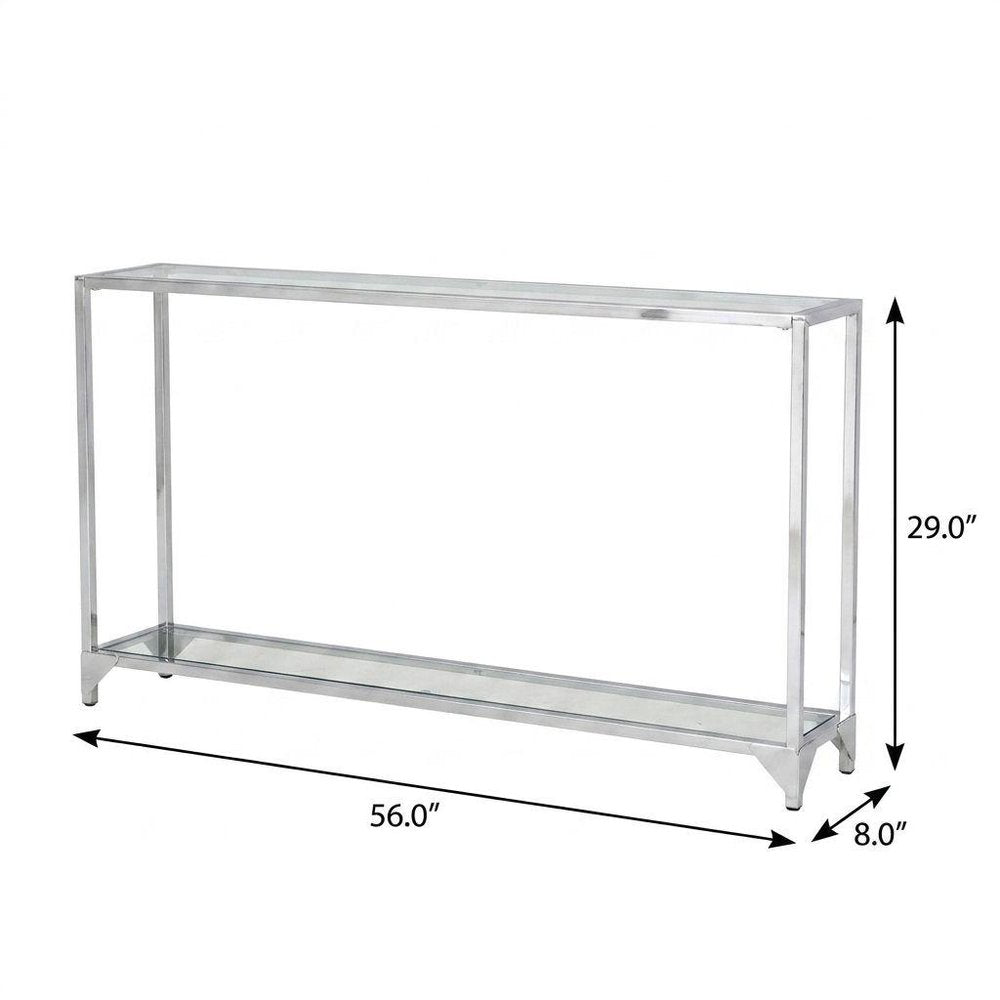 56" Clear and Silver Glass and Iron Frame Console Table With Shelf. Console table isolated on a plain white background, finished in silver glass.