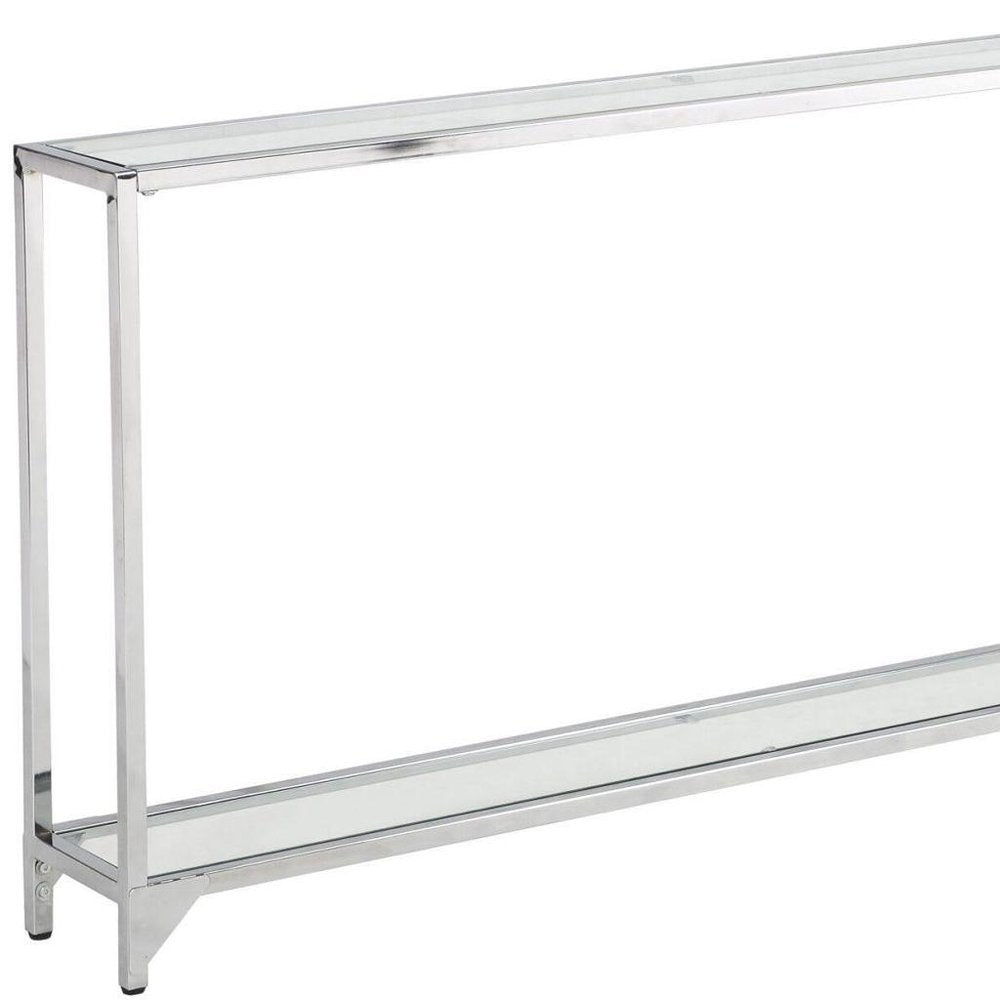 56" Clear and Silver Glass and Iron Frame Console Table With Shelf. Console table isolated on a plain white background, in a silver glass finish.