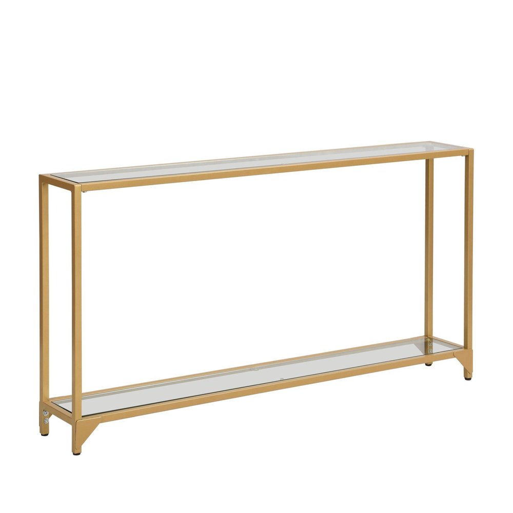 56" Clear and Gold Glass and Iron Console Table With Shelf. Console table isolated on a plain white background, in a gold glass finish.