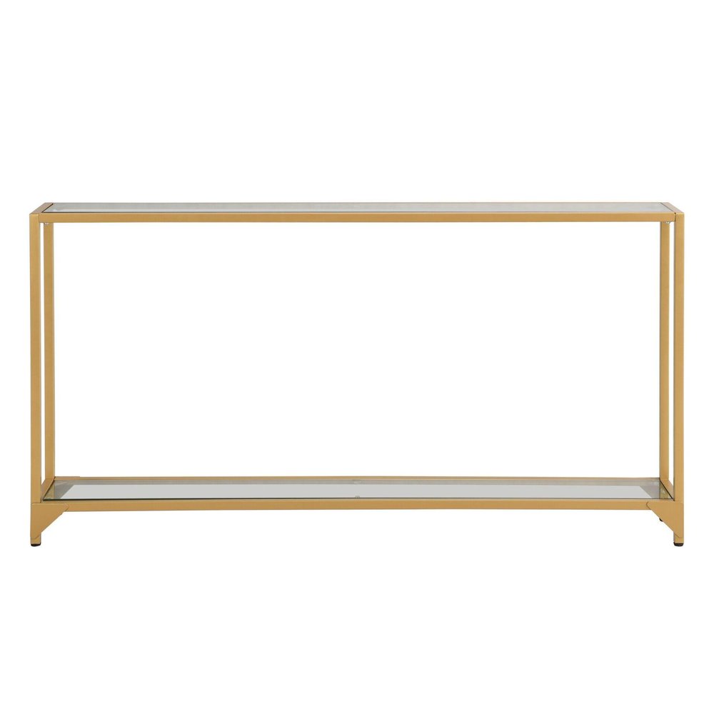 56" Clear and Gold Glass and Iron Console Table With Shelf. Console table isolated on a plain white background, showing a gold glass surface.