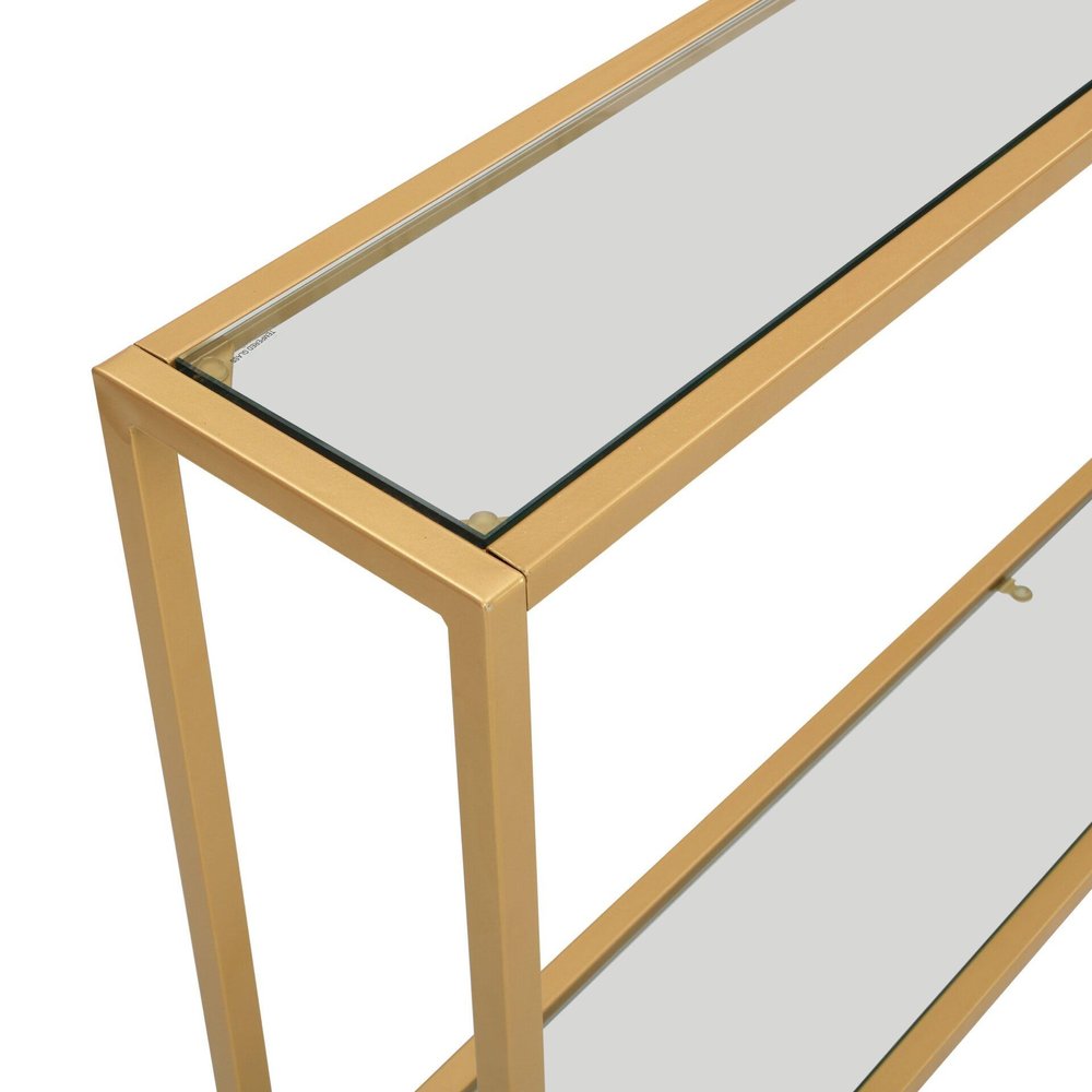 56" Clear and Gold Glass and Iron Console Table With Shelf. Console table isolated on a plain white background, in a gold glass finish.