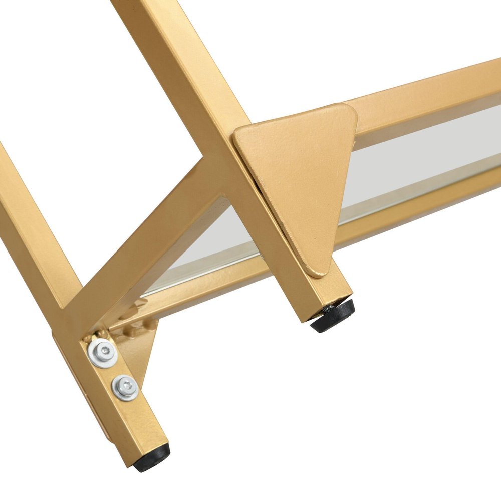 56" Clear and Gold Glass and Iron Console Table With Shelf. Console table isolated on a plain white background, finished in gold glass.