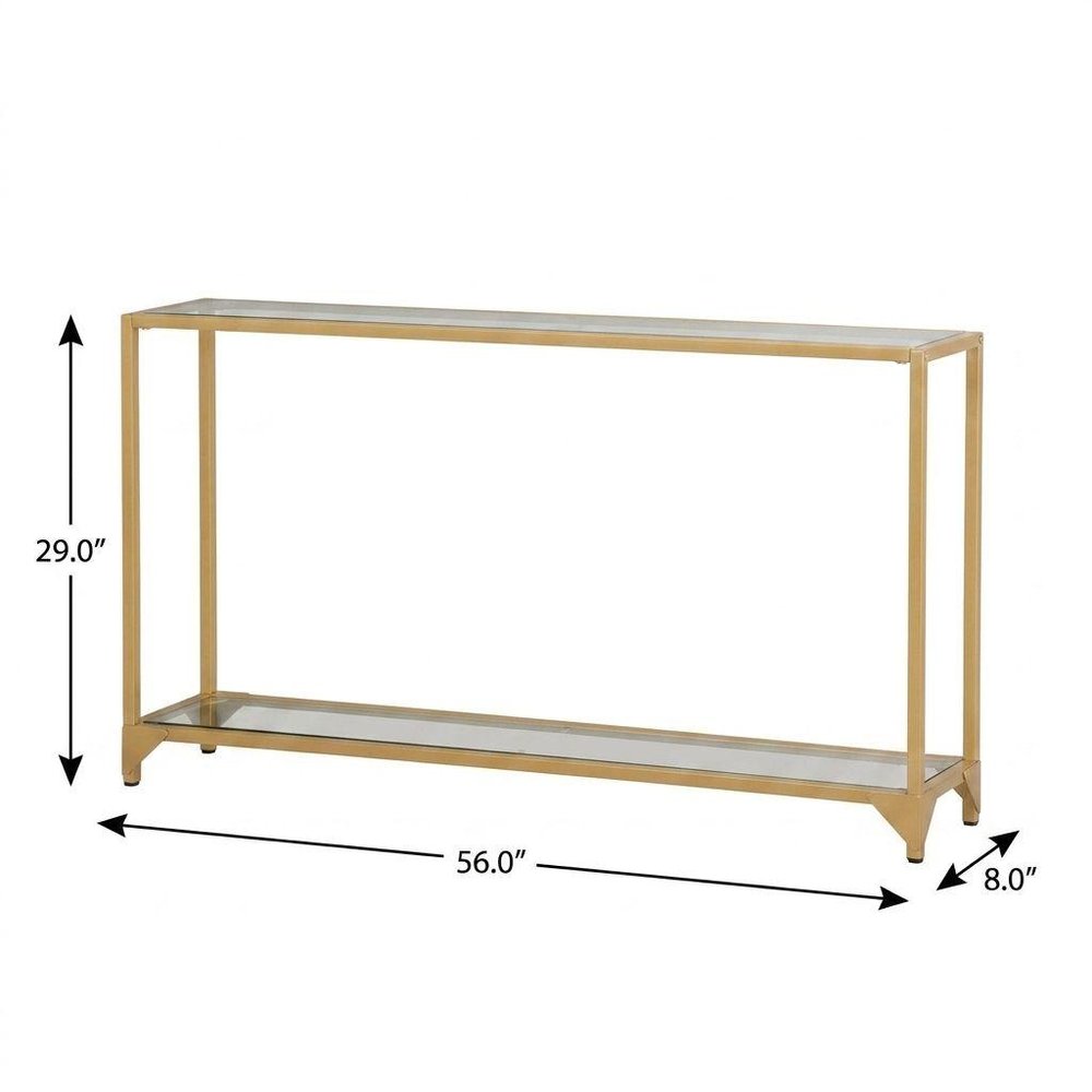 56" Clear and Gold Glass and Iron Console Table With Shelf. Console table isolated on a plain white background, in a gold glass finish.