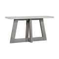 Gray concrete and solid wood trestle console table on a white background.