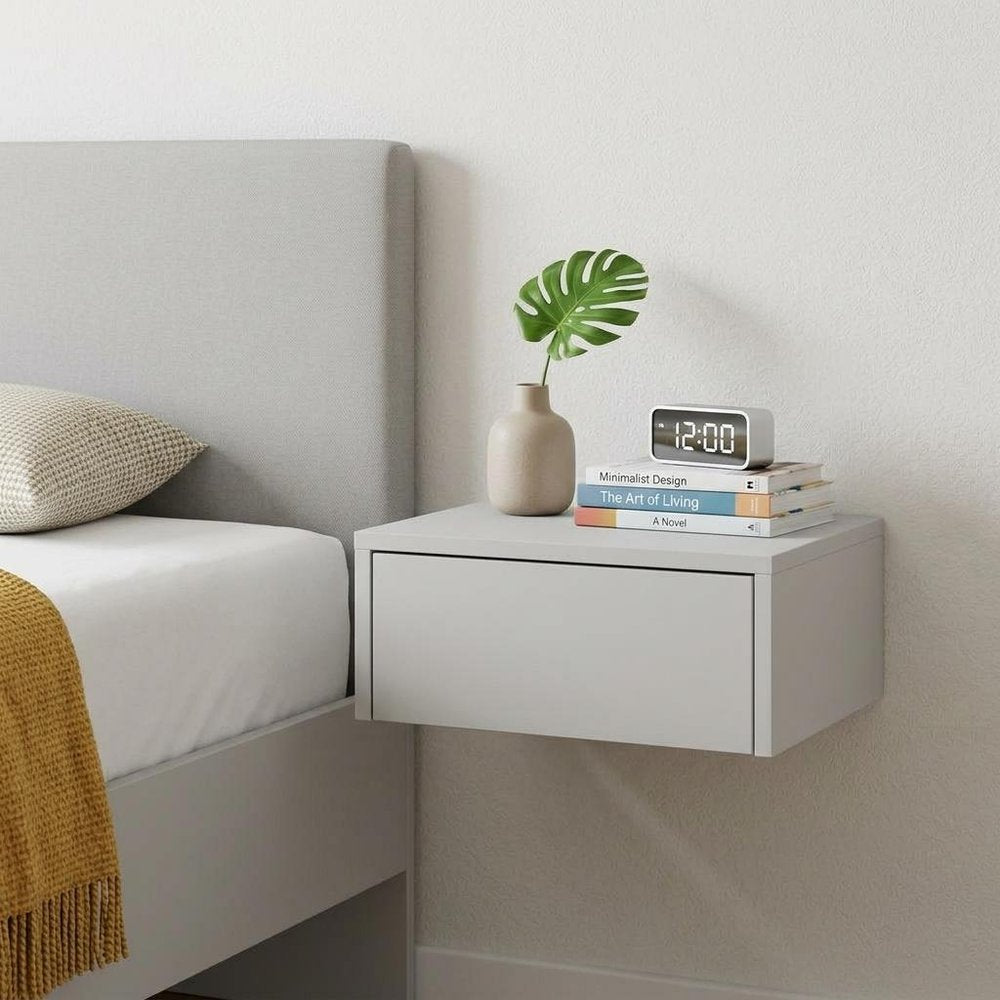 Set of Two 16" White Wood One Drawer Floating Nightstand
