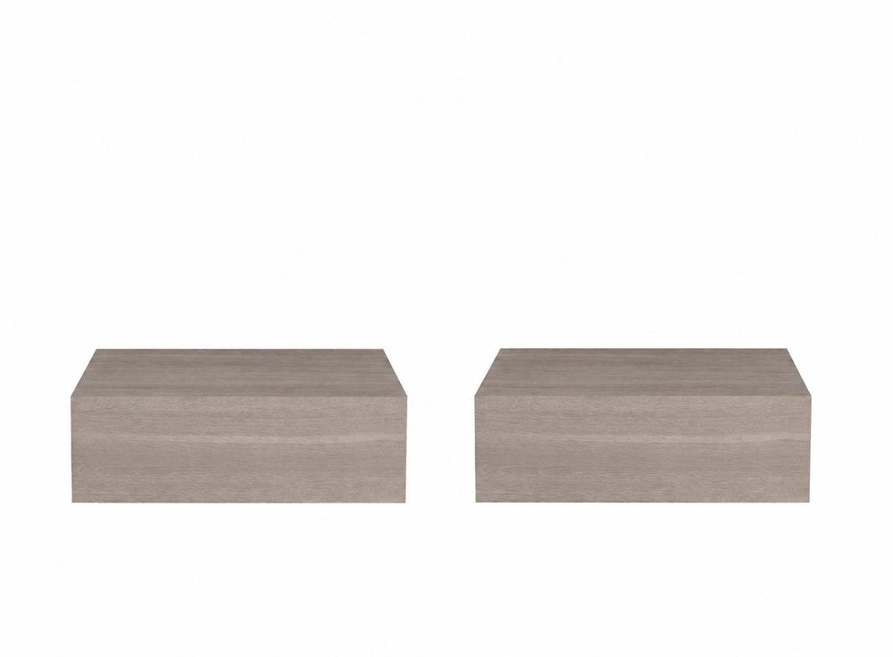 Two gray wood floating nightstands with one drawer each, shown against a white background.