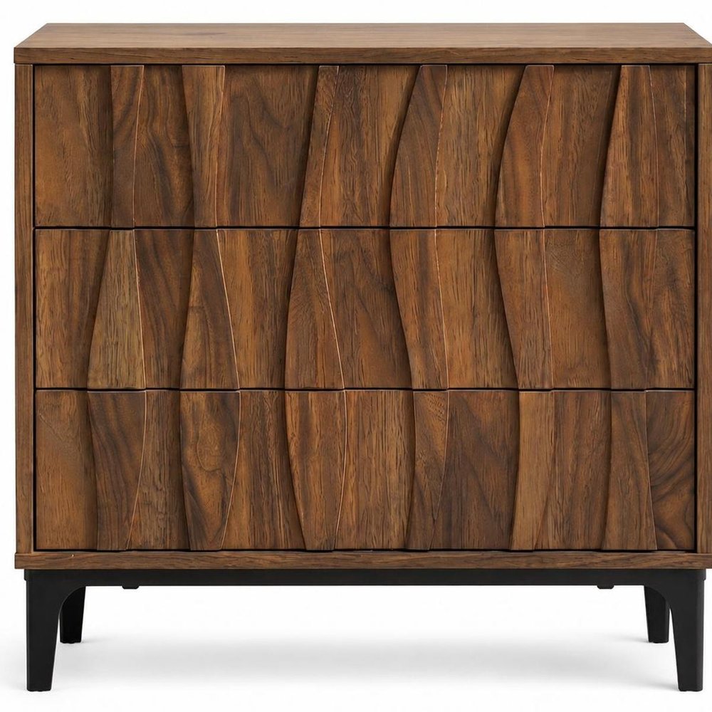 26" Walnut Wood Ribbed Texture Three Drawer Nightstand