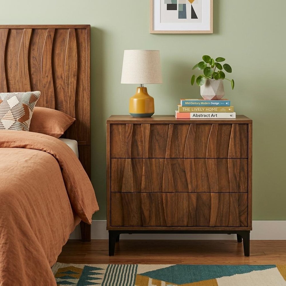 26" Walnut Wood Ribbed Texture Three Drawer Nightstand