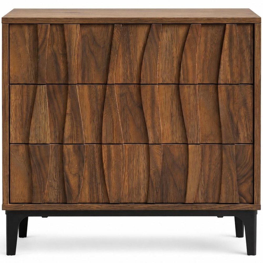 26" Walnut Wood Ribbed Texture Three Drawer Nightstand