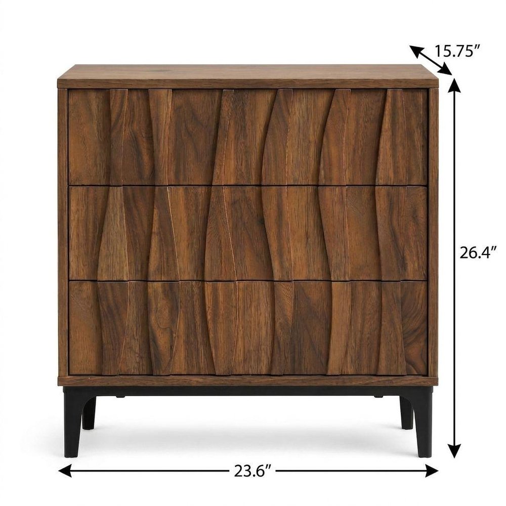 26" Walnut Wood Ribbed Texture Three Drawer Nightstand