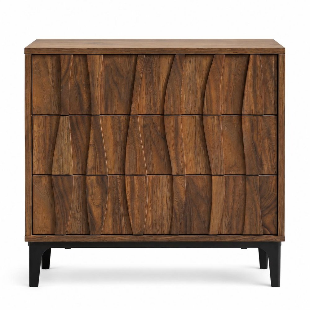 Walnut wood three-drawer nightstand with ribbed texture on a white background.