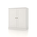 32" White Solid Wood Shaker Style Double Door Linen Cabinet. Bathroom storage isolated on a plain white background, finished in white wood.