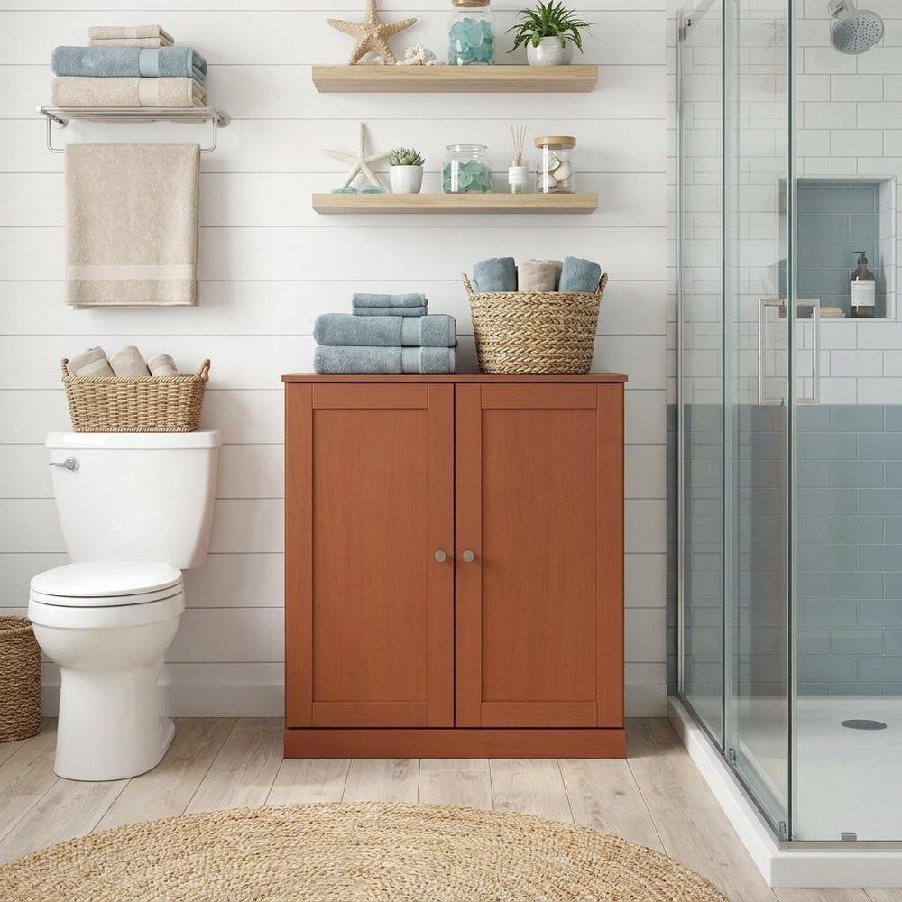 32" White Solid Wood Shaker Style Double Door Linen Cabinet. Bathroom storage isolated on a plain white background, in a white wood finish.