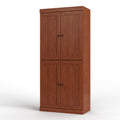 32" Coffee Solid Wood Free Standing Four Door Linen Cabinet. Bathroom storage isolated on a plain white background, finished in dark brown wood.