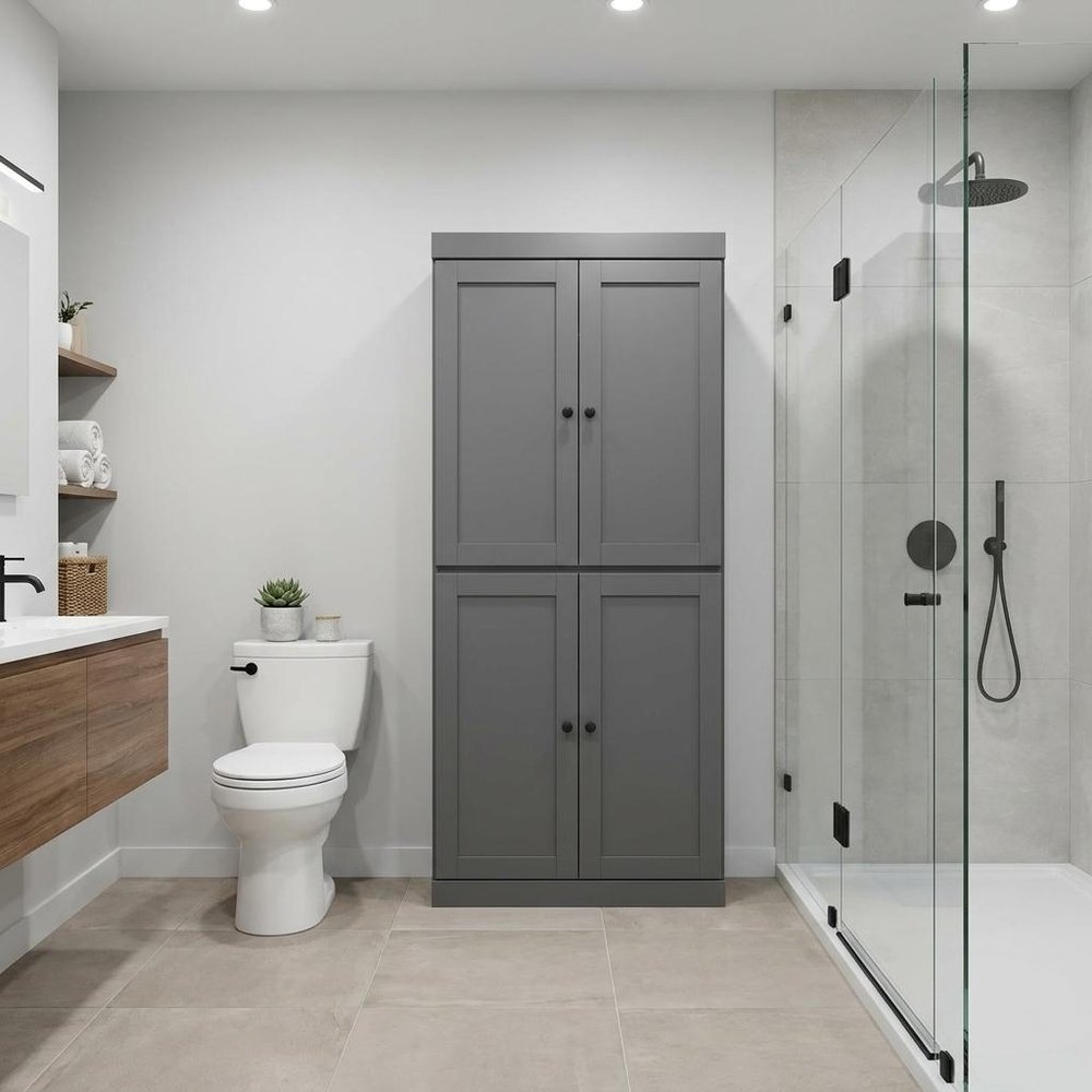 32" Gray Solid Wood Free Standing Four Door Linen Cabinet