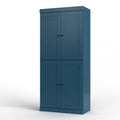32" Teal Blue Solid Wood Free Standing Four Door Linen Cabinet. Bathroom storage isolated on a plain white background, showing a teal wood surface.