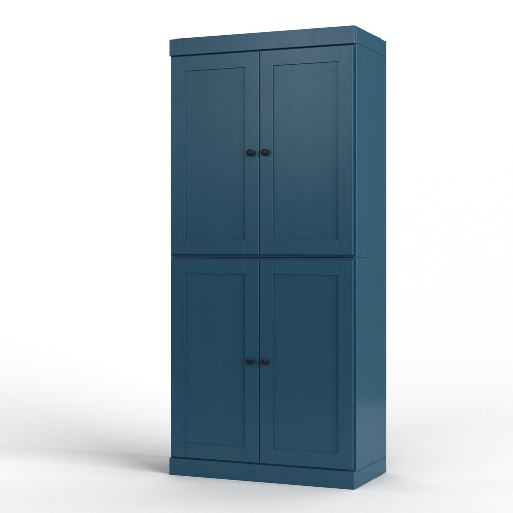 A tall, narrow, teal blue linen cabinet with four doors and dark knobs, shown against a white background.