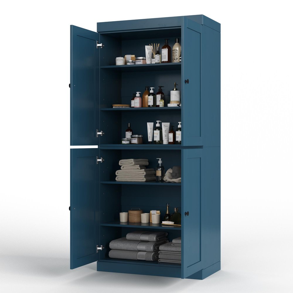 32" Teal Blue Solid Wood Free Standing Four Door Linen Cabinet - SKU 746724