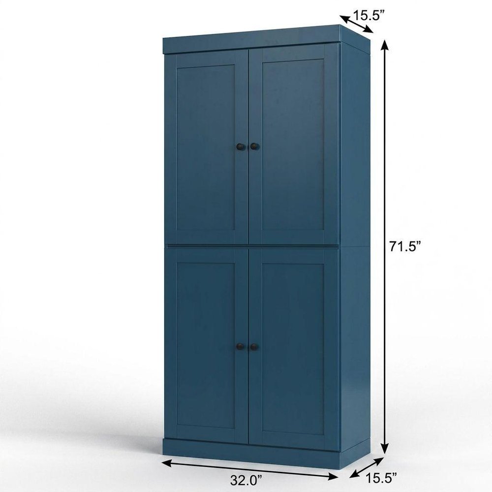 32" Teal Blue Solid Wood Free Standing Four Door Linen Cabinet - SKU 746724