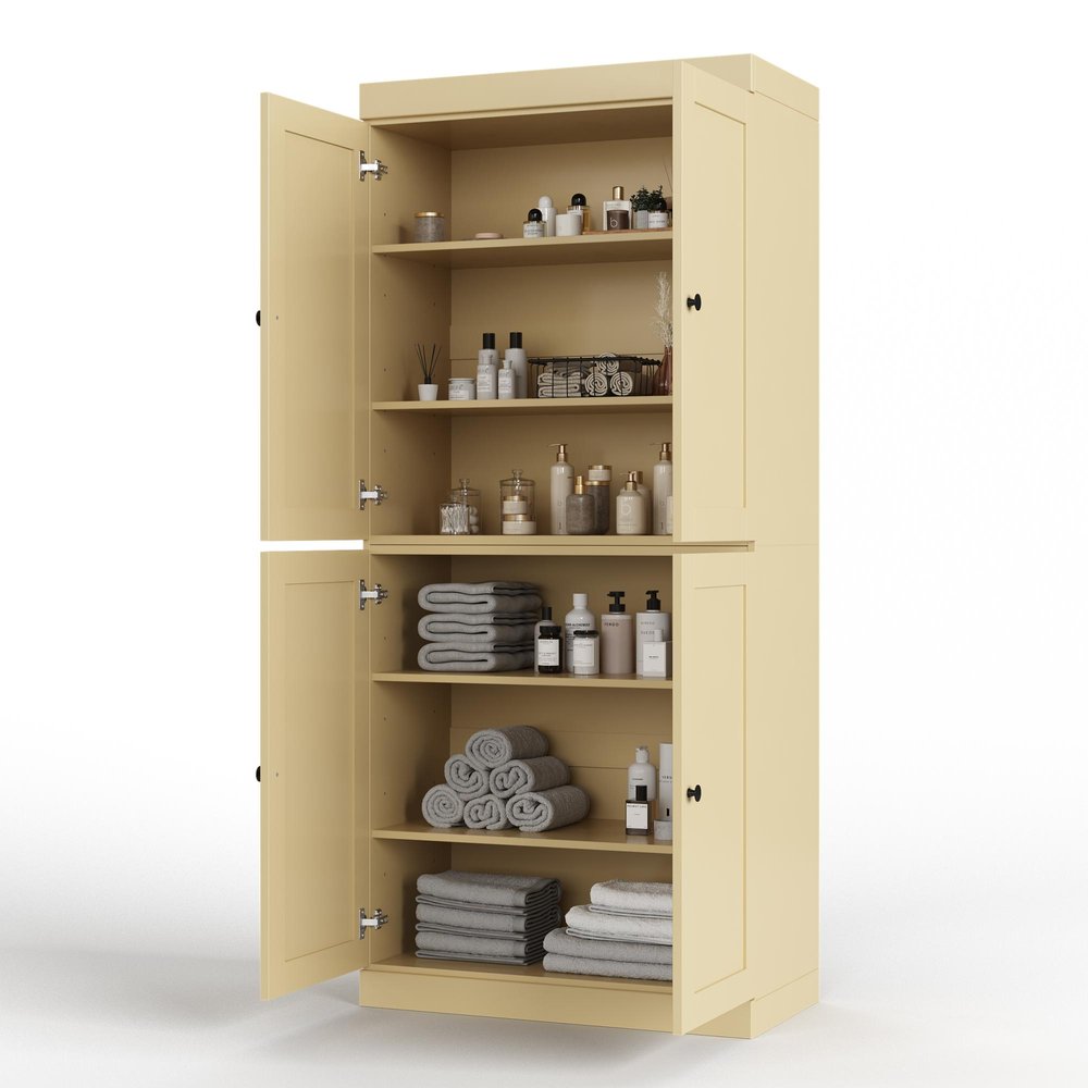 32" Yellow Solid Wood Free Standing Four Door Linen Cabinet