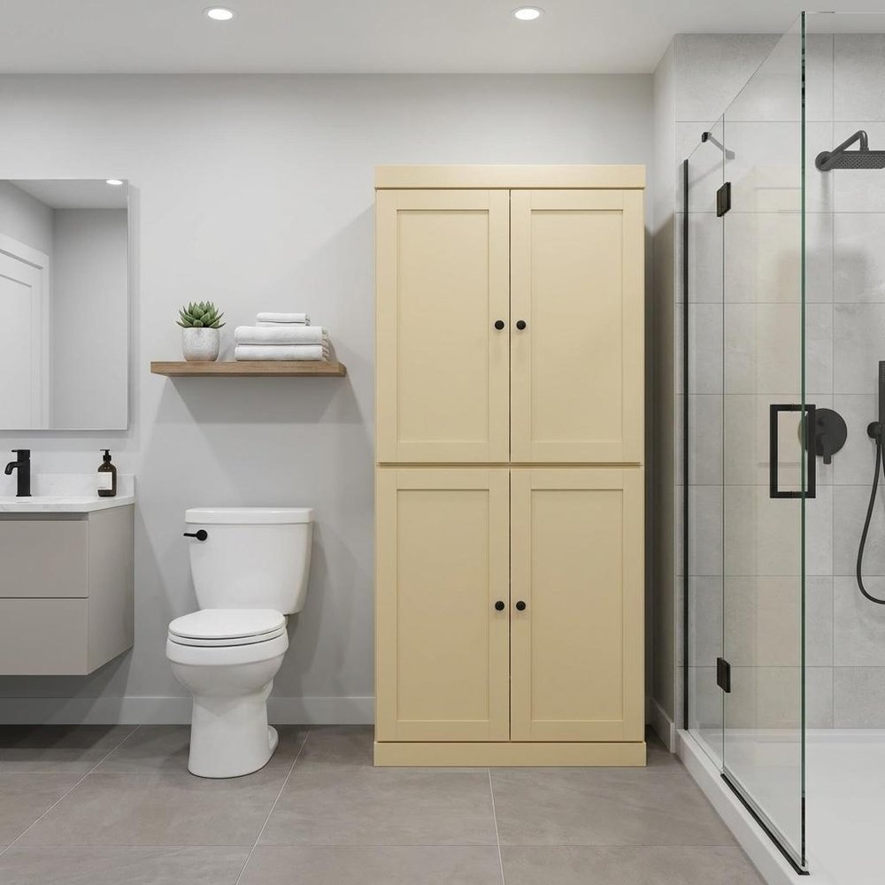 32" Yellow Solid Wood Free Standing Four Door Linen Cabinet. Bathroom storage isolated on a plain white background, showing a wood surface.
