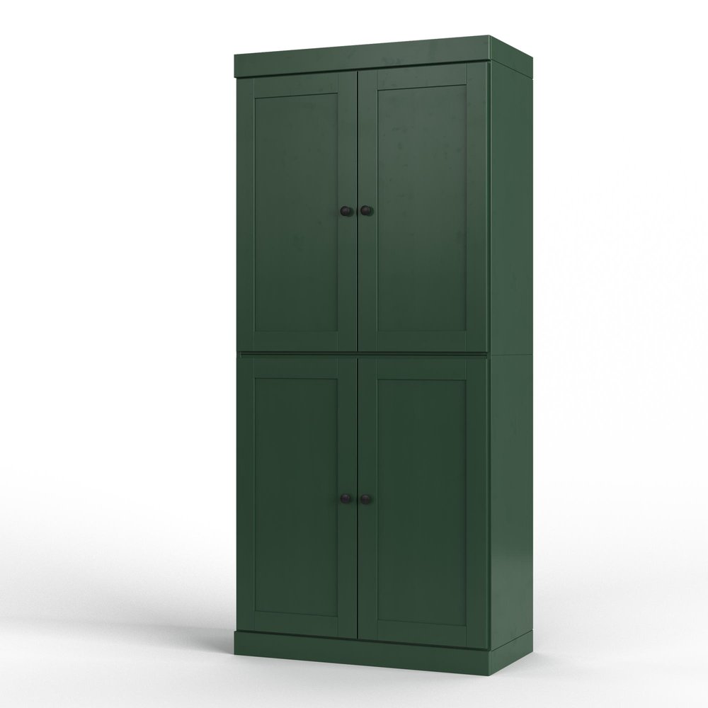A tall, dark green, four-door linen cabinet made of solid wood, shown against a white background.