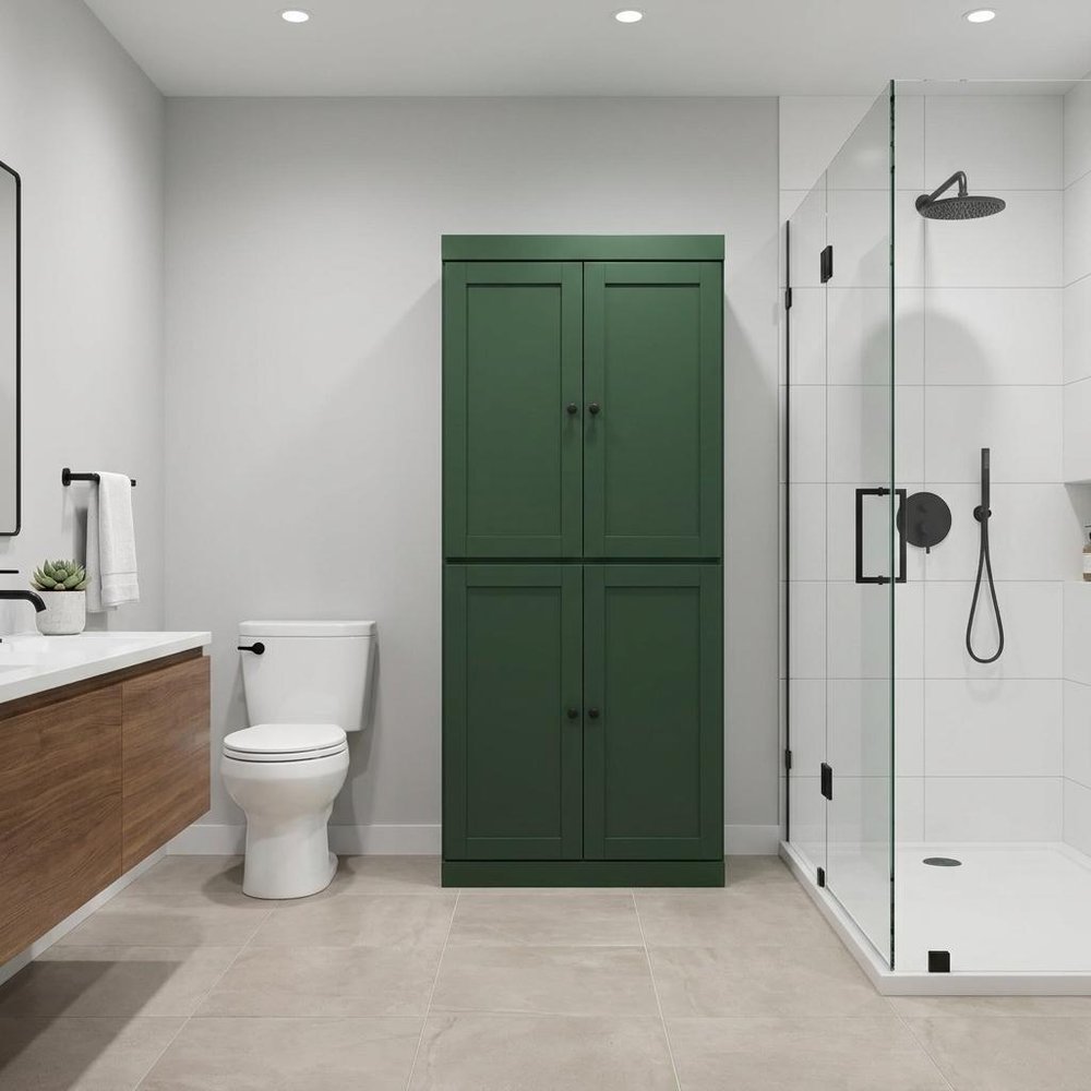 32" Green Solid Wood Free Standing Four Door Linen Cabinet - SKU 746727