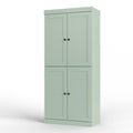 32" Sage Solid Wood Free Standing Four Door Linen Cabinet. Bathroom storage isolated on a plain white background, in a sage wood finish.