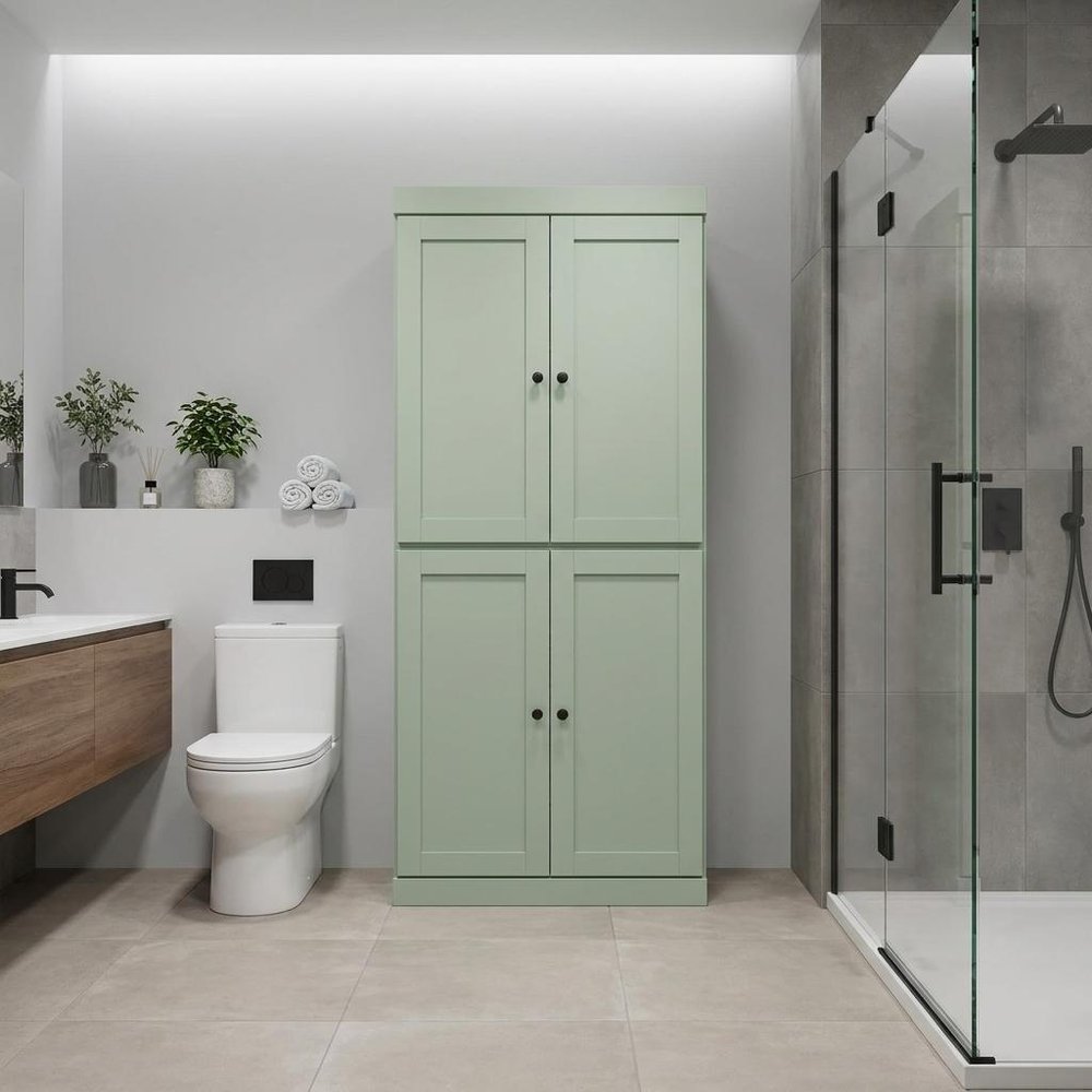 32" Sage Solid Wood Free Standing Four Door Linen Cabinet