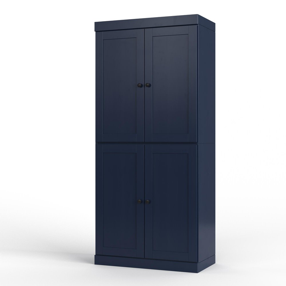 32" Navy Blue Solid Wood Free Standing Four Door Linen Cabinet