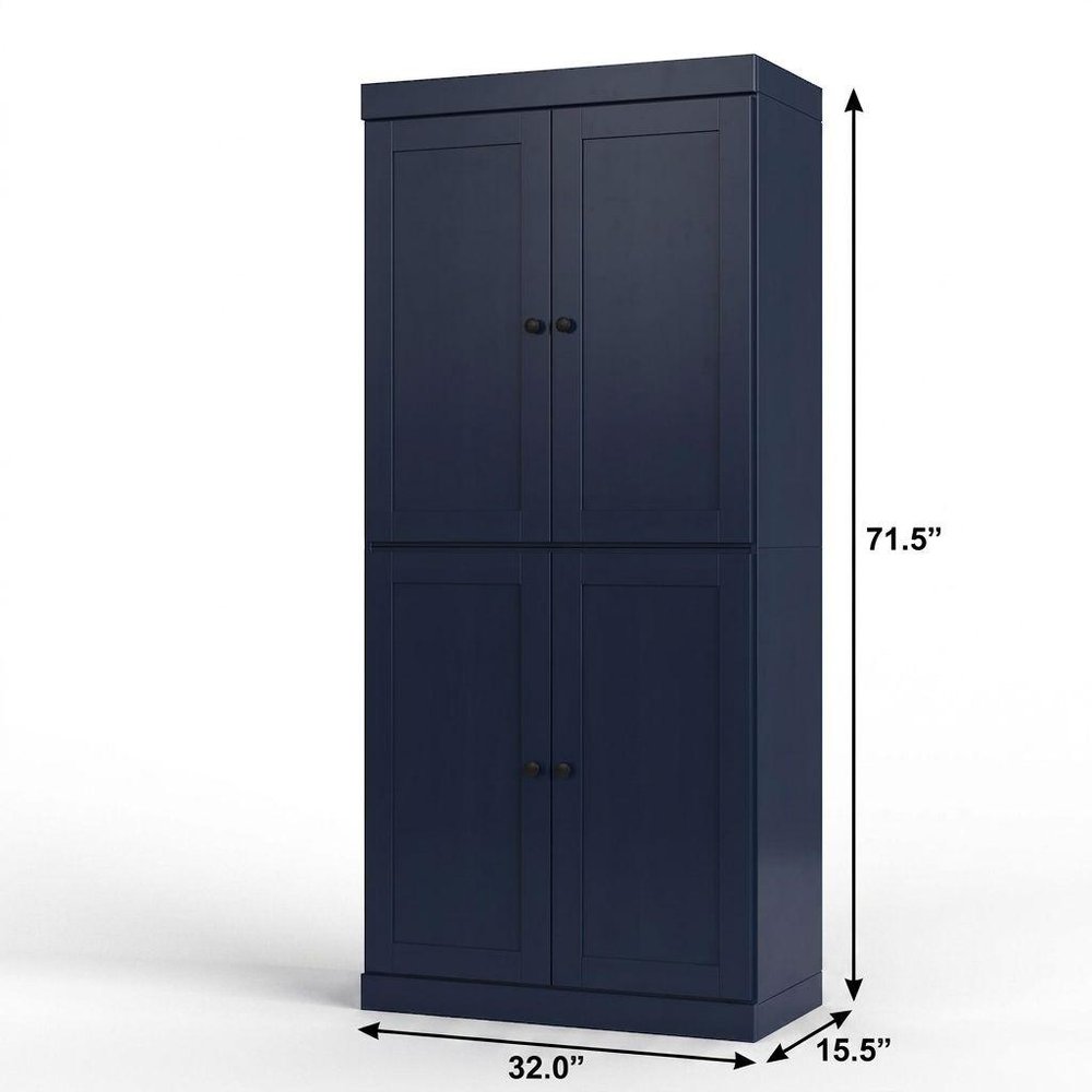 32" Navy Blue Solid Wood Free Standing Four Door Linen Cabinet