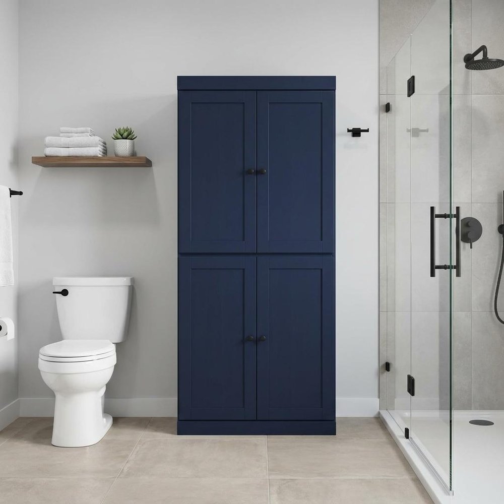 32" Navy Blue Solid Wood Free Standing Four Door Linen Cabinet