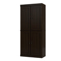 32" Espresso Solid Wood Free Standing Four Door Linen Cabinet. Bathroom storage isolated on a plain white background, in a black wood finish.