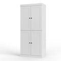 32" White Solid Wood Free Standing Four Door Linen Cabinet. Bathroom storage isolated on a plain white background, finished in white wood.