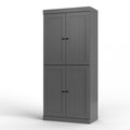 32" Gray Solid Wood Free Standing Four Door Linen Cabinet. Bathroom storage isolated on a plain white background, finished in gray wood.