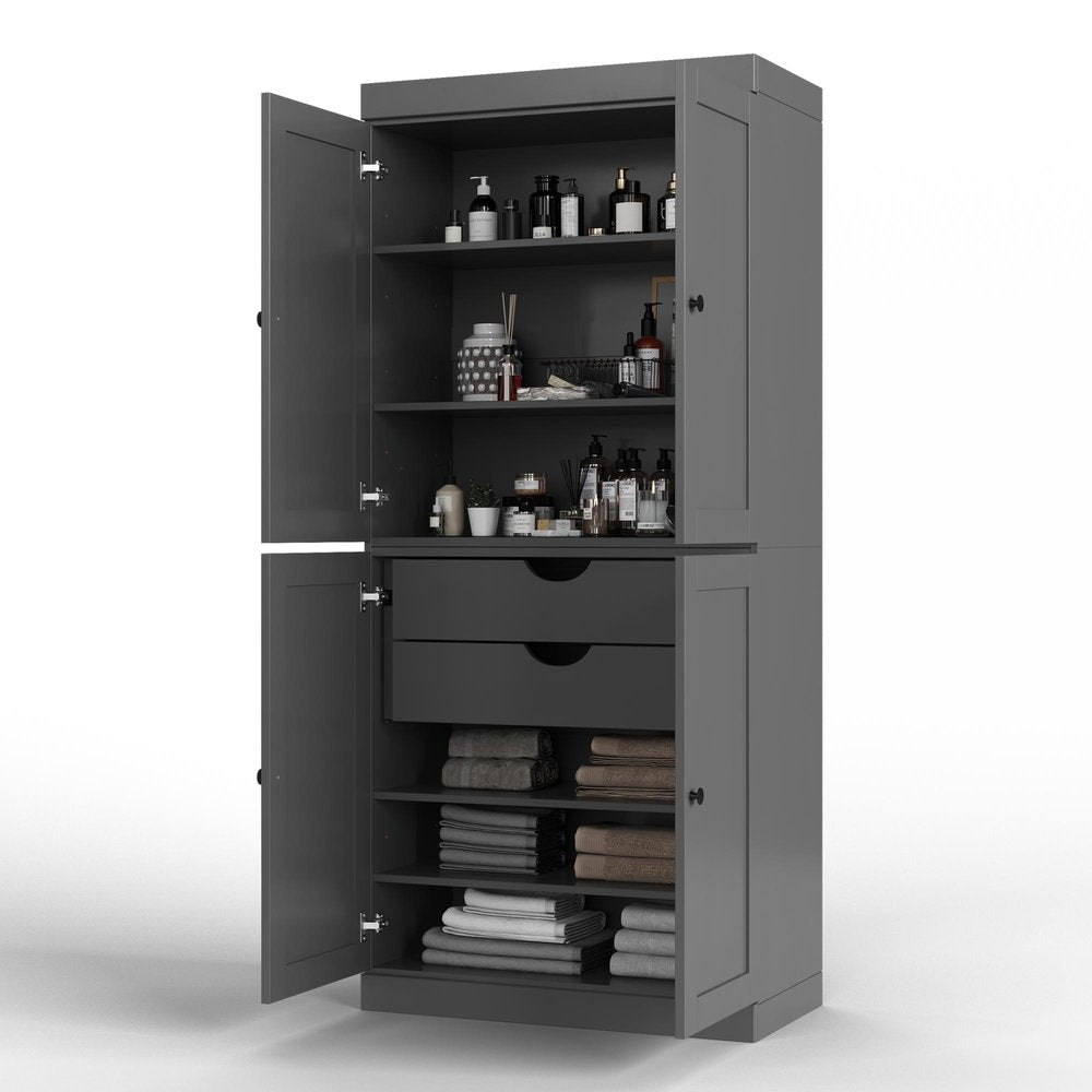 32" Gray Solid Wood Free Standing Four Door Linen Cabinet