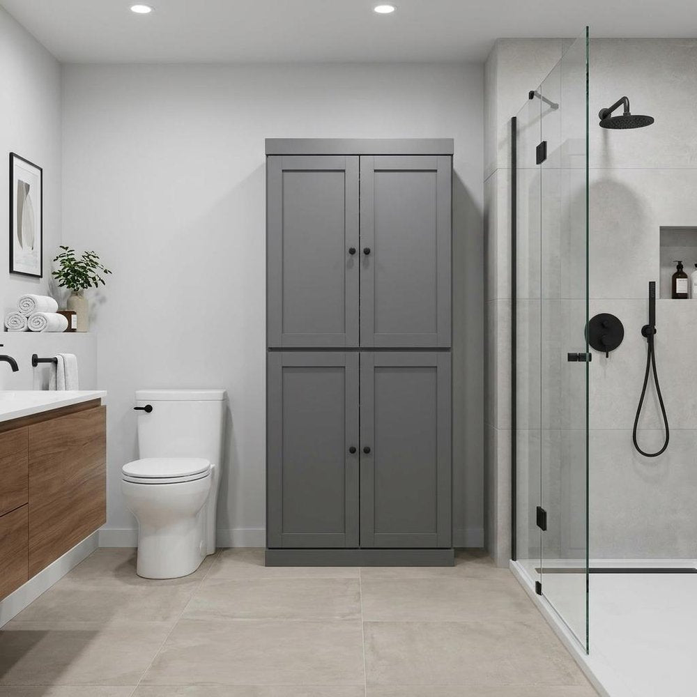 32" Gray Solid Wood Free Standing Four Door Linen Cabinet