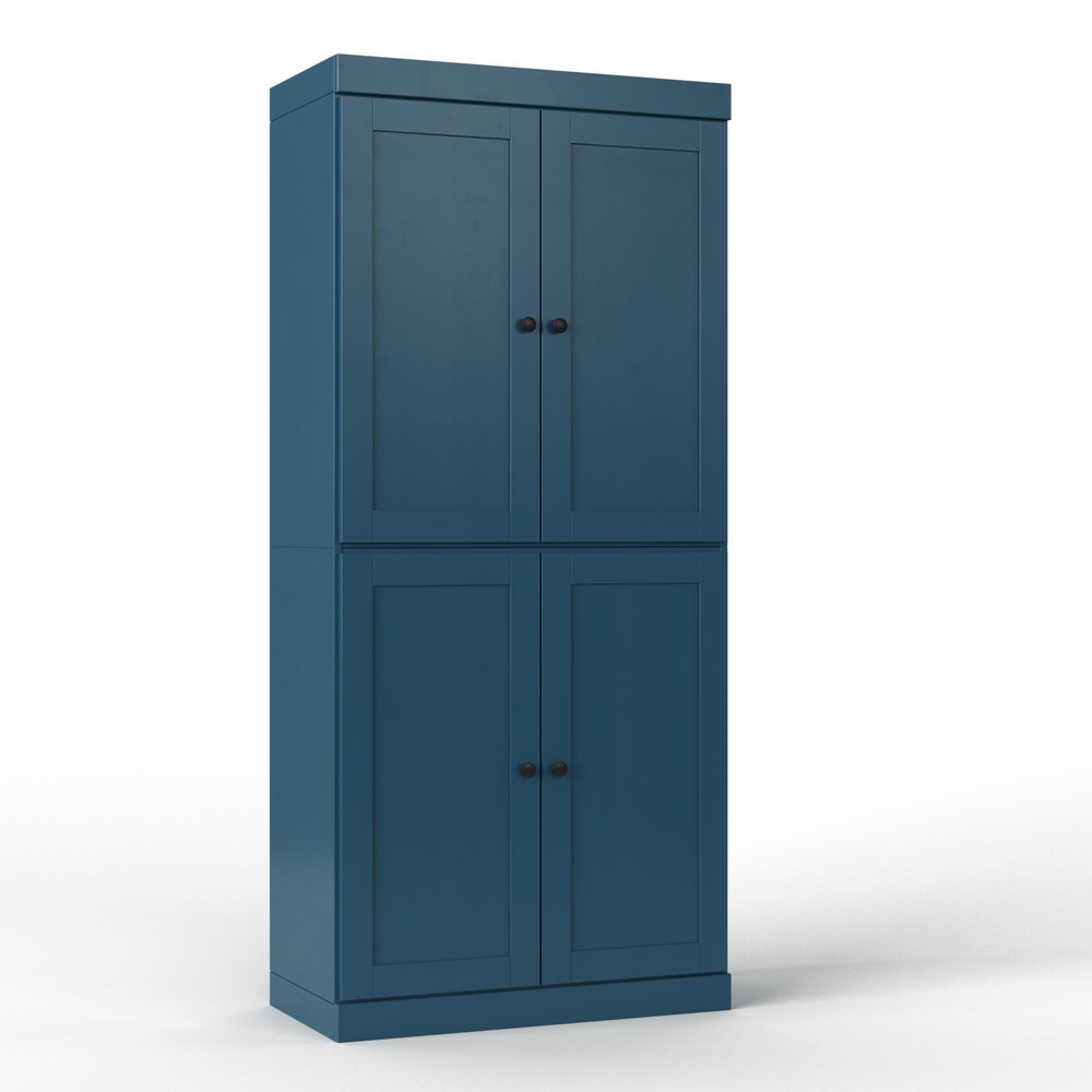 32" Teal Blue Solid Wood Free Standing Four Door Linen Cabinet