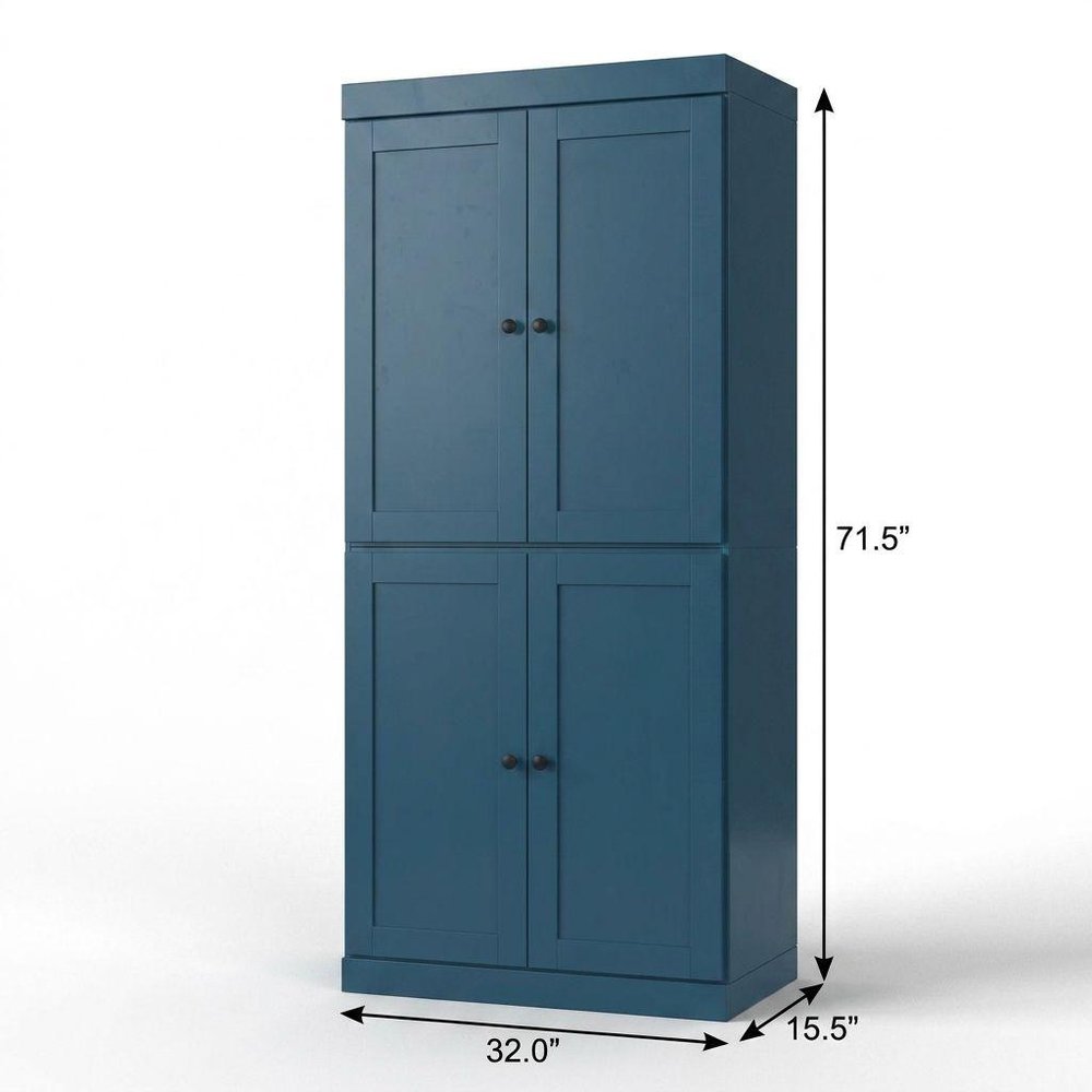 32" Teal Blue Solid Wood Free Standing Four Door Linen Cabinet