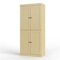 32" Yellow Solid Wood Free Standing Four Door Linen Cabinet. Bathroom storage isolated on a plain white background, in a yellow wood finish.