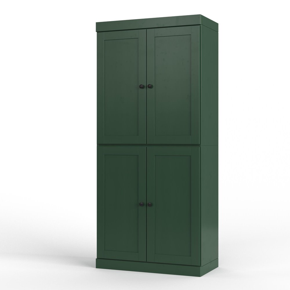 Green solid wood free-standing four-door linen cabinet against a white background.