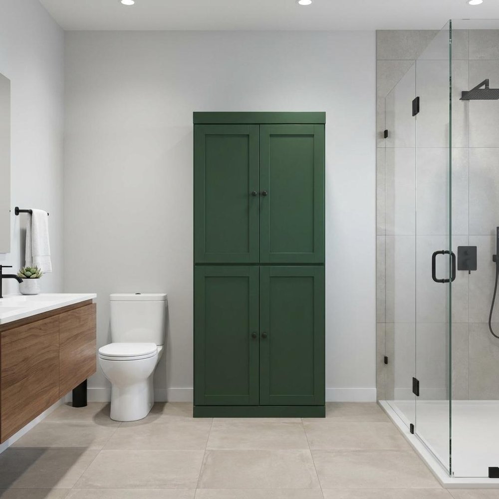 32" Green Solid Wood Free Standing Four Door Linen Cabinet - SKU 746741