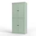 32" Sage Solid Wood Free Standing Four Door Linen Cabinet. Bathroom storage isolated on a plain white background, in a sage wood finish.