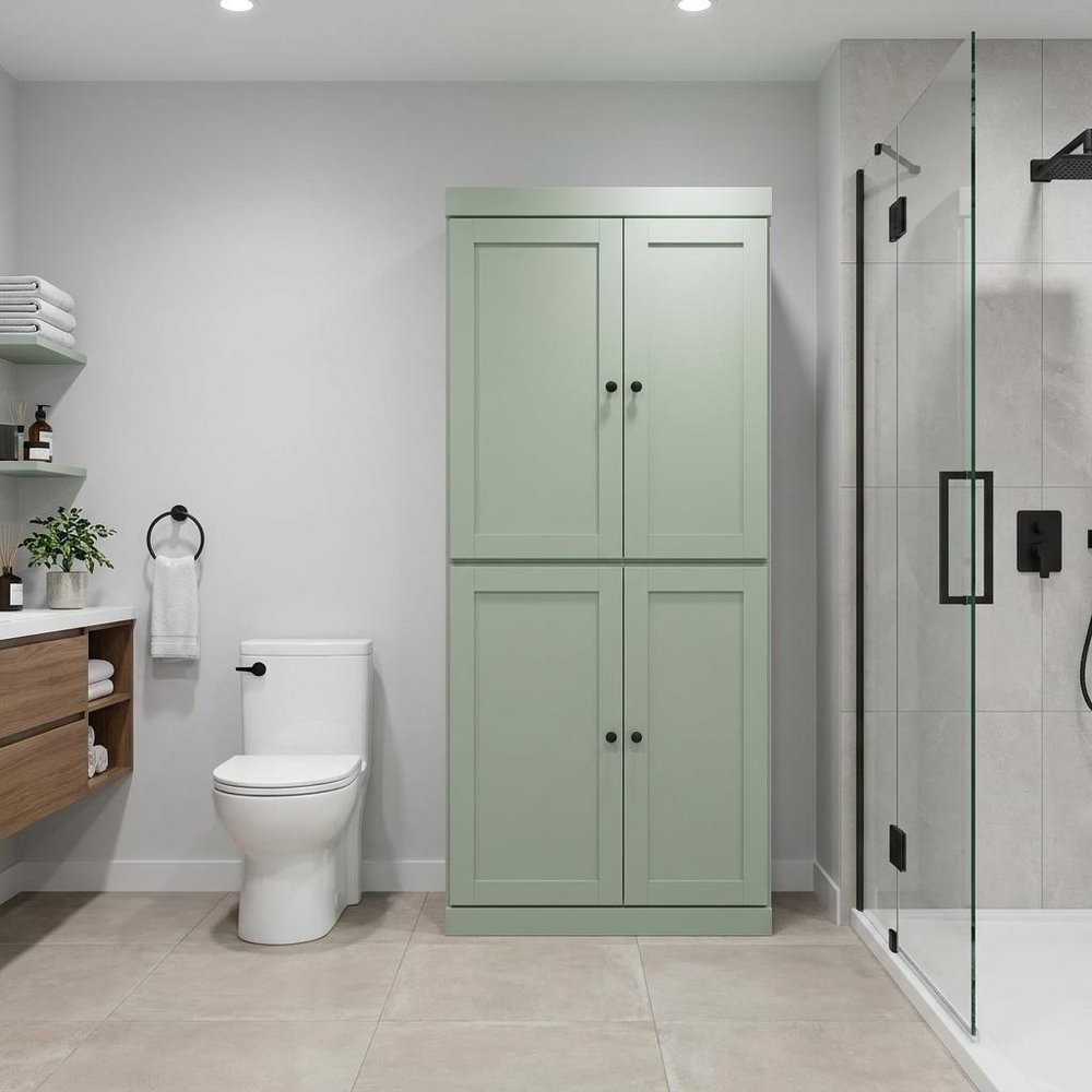 32" Sage Solid Wood Free Standing Four Door Linen Cabinet.